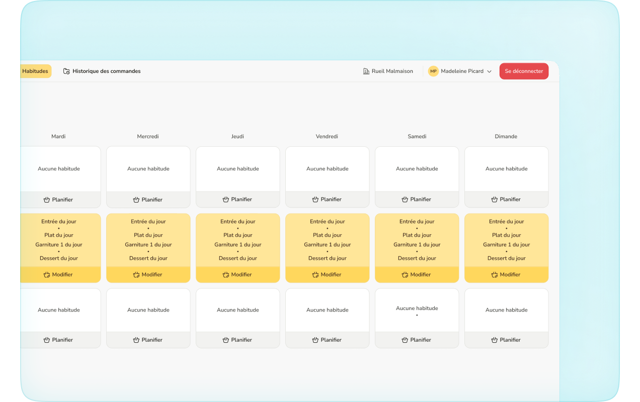 Calendrier des habitudes de consommation dans l'application de réservation