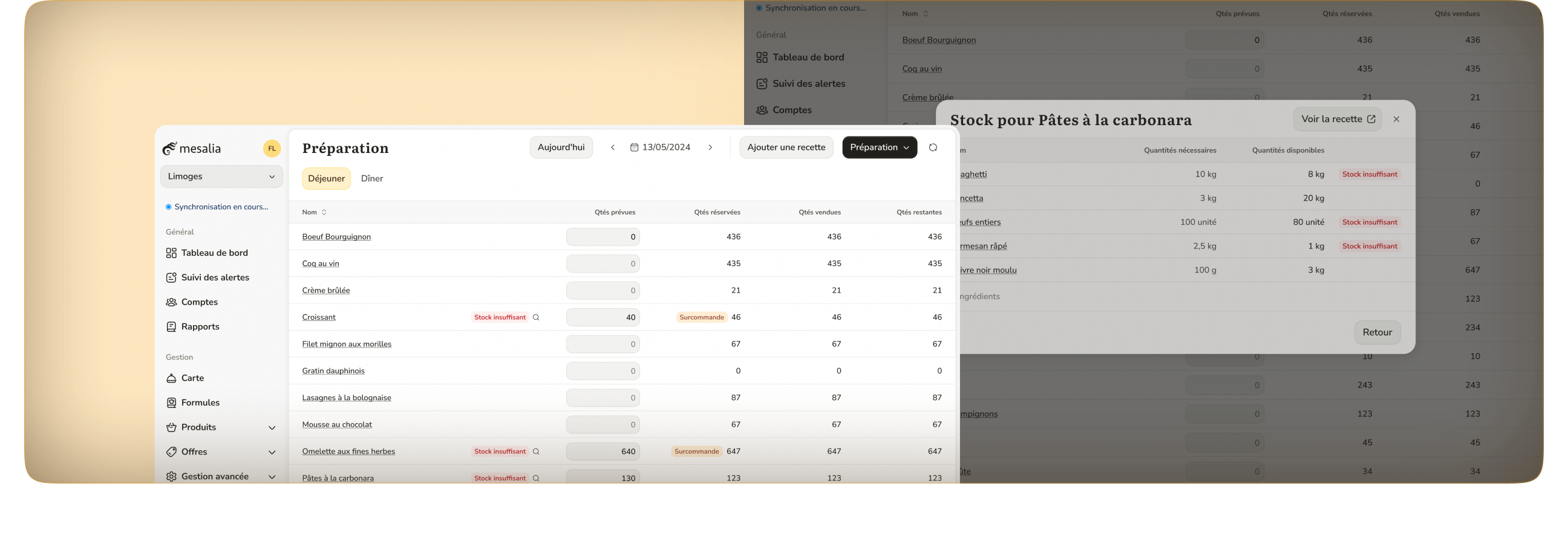 Prévision des quantités par recette dans le logiciel de gestion