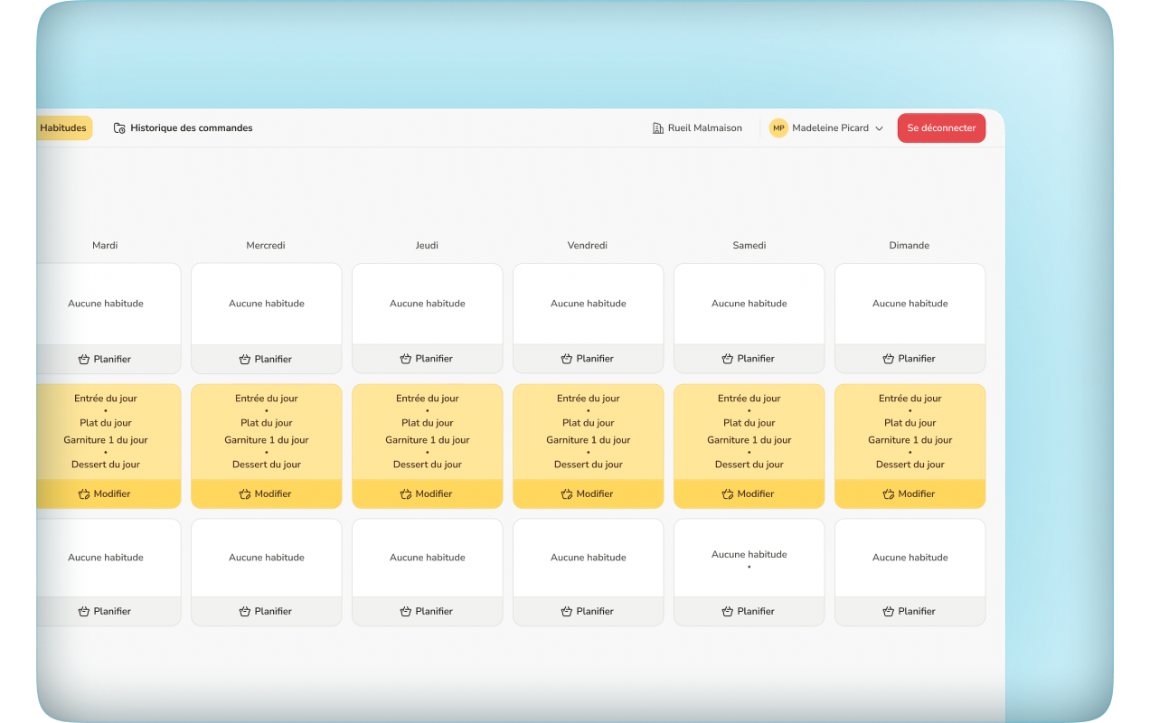 Calendrier des habitudes de consommation dans l'application de réservation