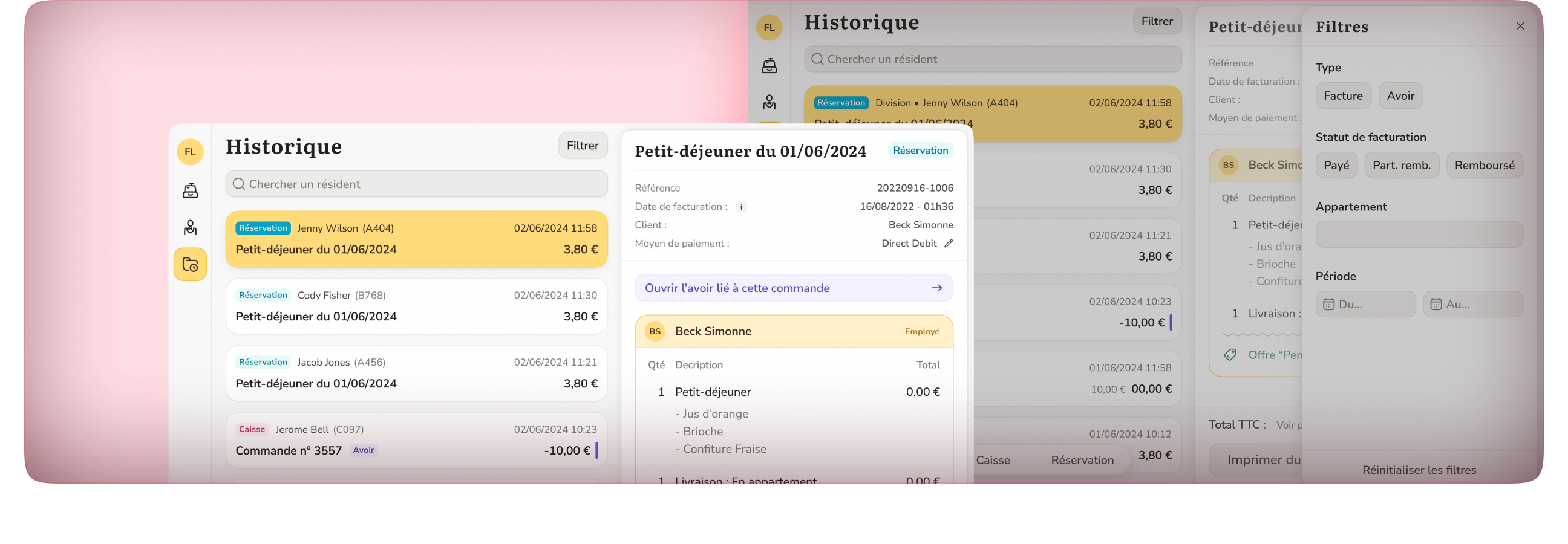 Historique des commandes sur le terminal de vente