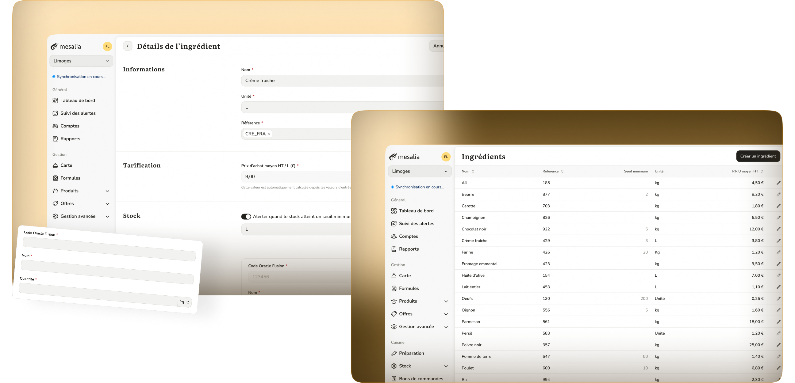Paramétrage des ingrédients dans le logiciel de gestion