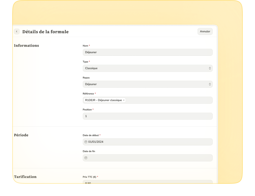 Configuration des formules repas dans le logiciel