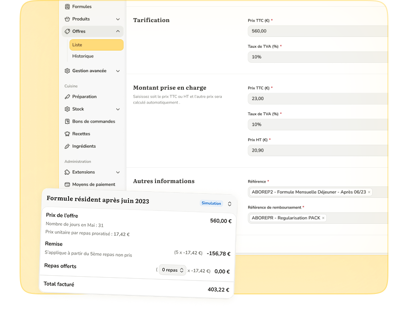 Définition des offres tarifaires dans le logiciel