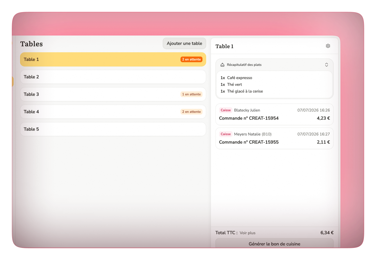 Gestion des tables et récapitulatif d'une commande sur le terminal de vente