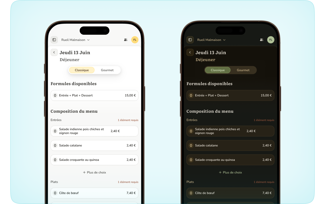 L'application de réservation en thème clair et en thème sombre