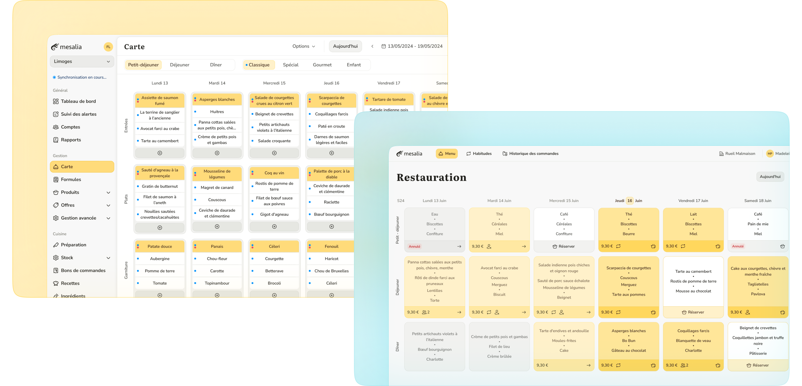 Carte interactive des menus dans le logiciel de gestion