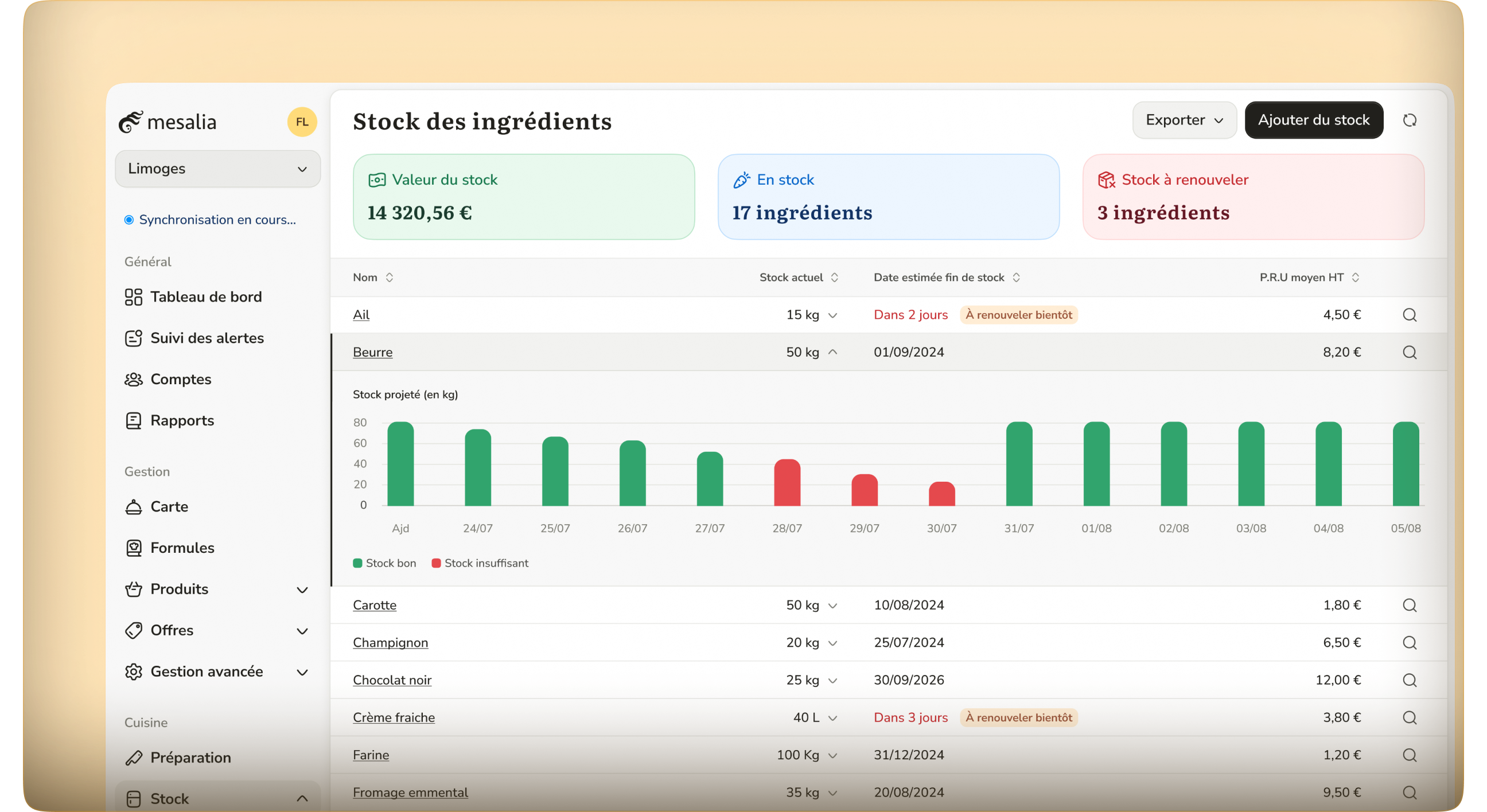 Histogramme de suivi des stocks dans le logiciel de gestion