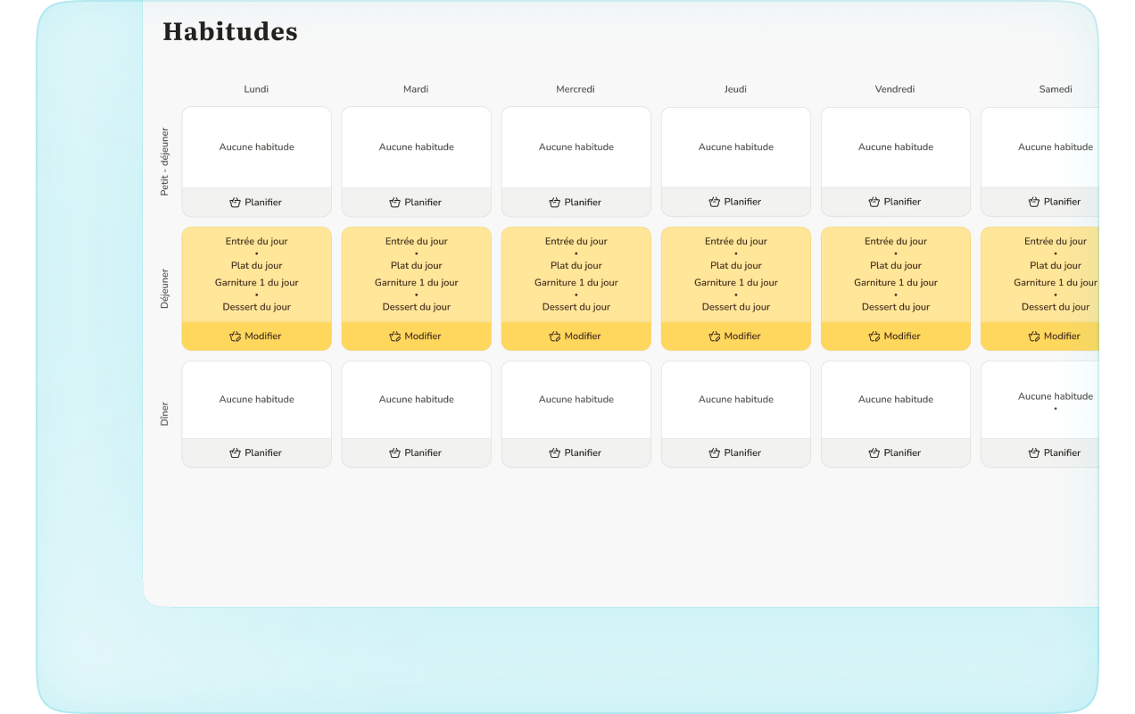 Calendrier des habitudes de consommation dans l'application de réservation