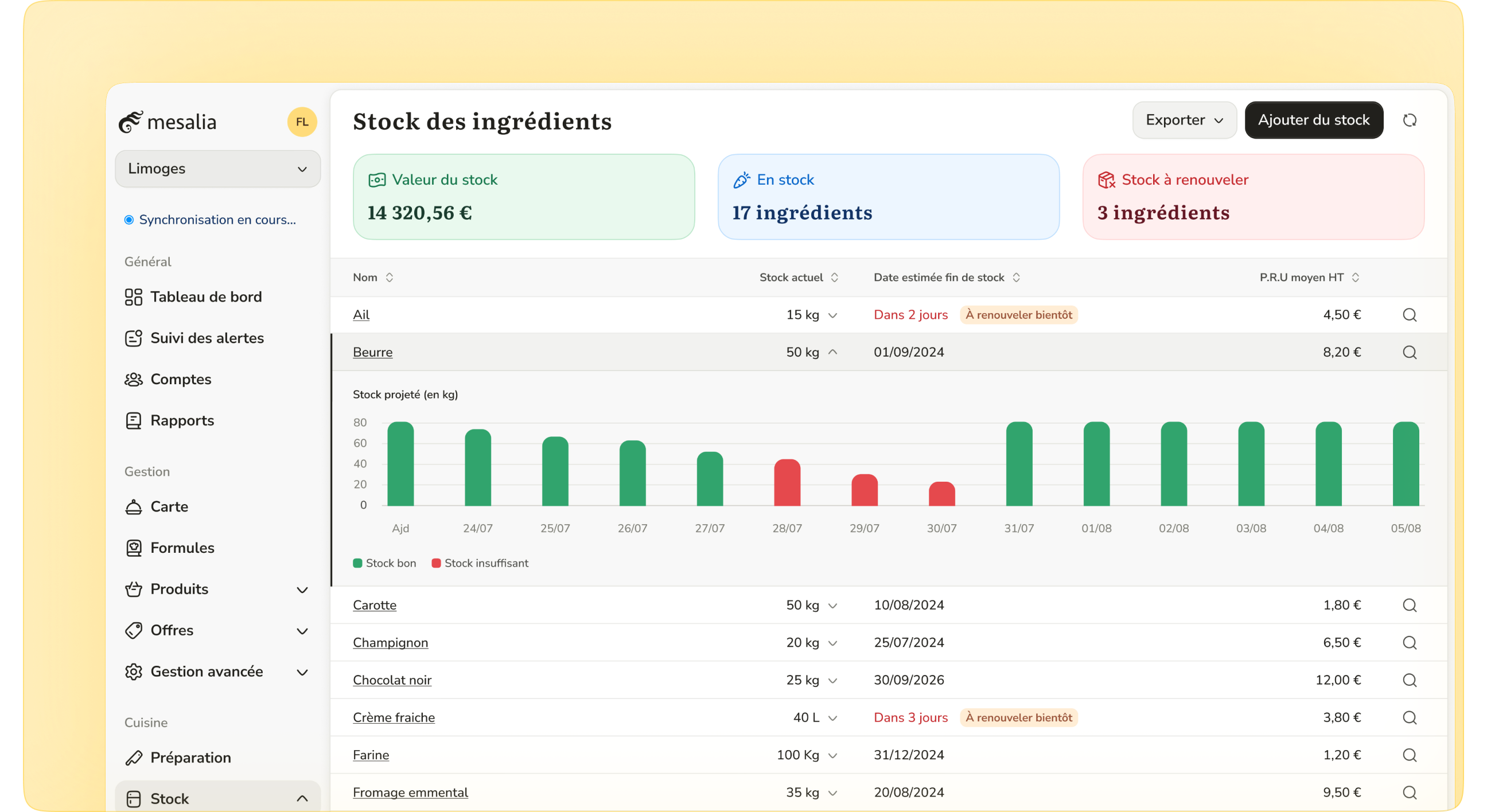 Histogramme de suivi des stocks dans le logiciel de gestion