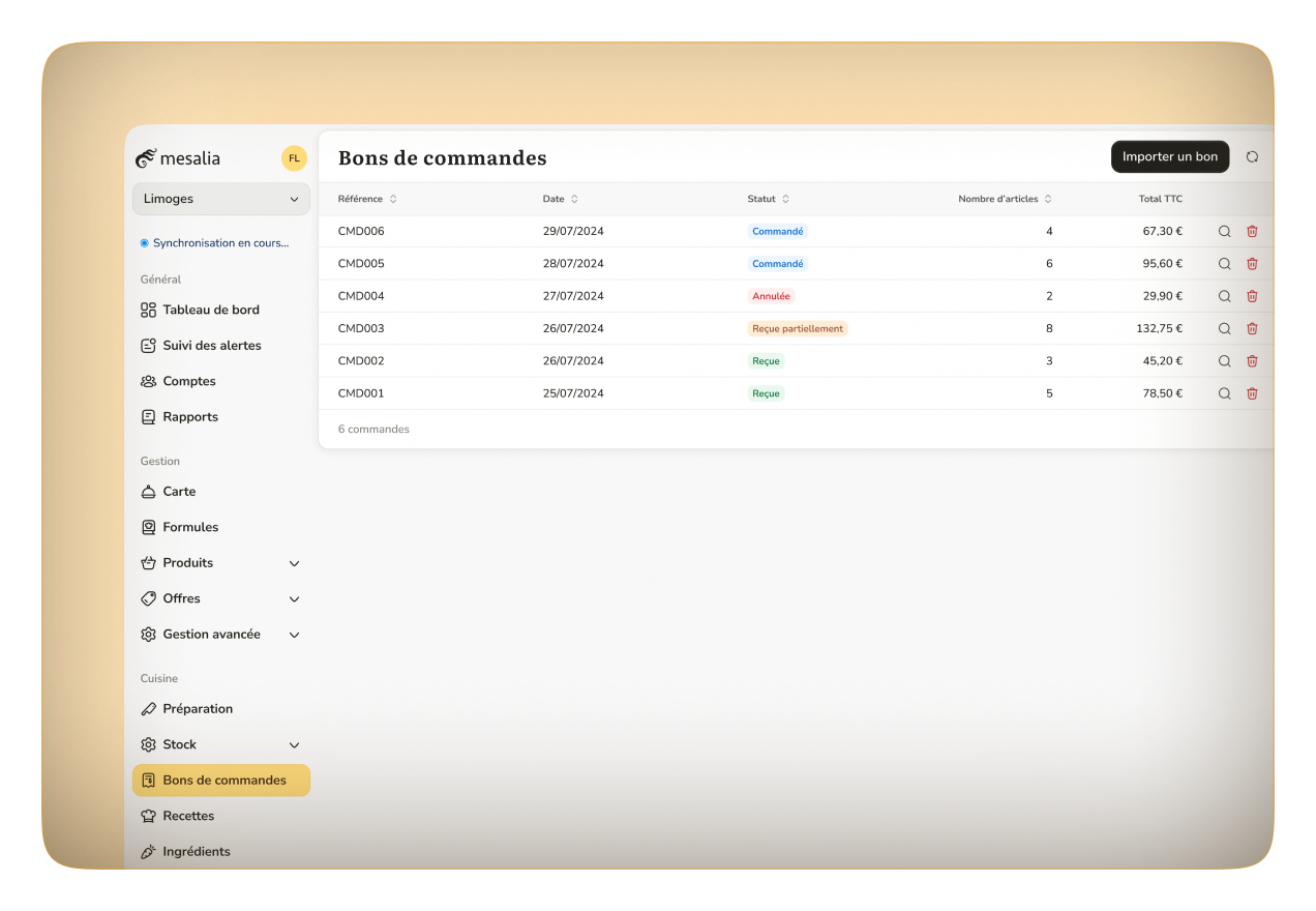 Enregistrement d'une commande d'ingrédients